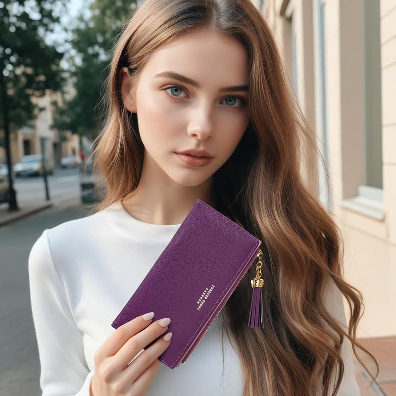 KOTORA Womens Slim Wallet Girls Thin Wallets Pretty Mini Long Card Holder Small Tiny Clutch Zip Purse Love Pendant Tassels Billfold (Purple) - Image 5